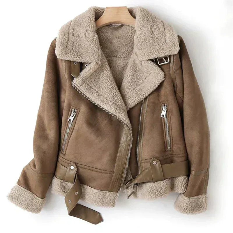 Women's Cropped Suede Aviator Faux Fur Jacket - Brown