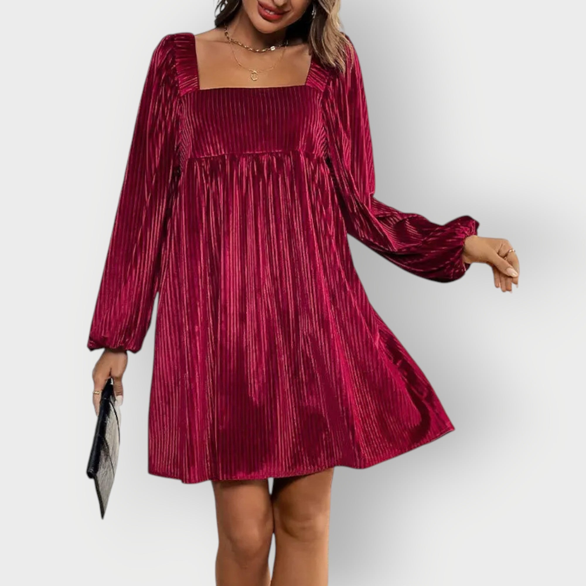Pleated Babydoll Mini Dress - Wine Red