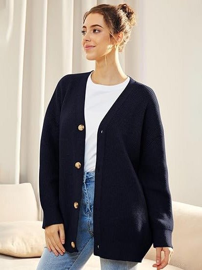 Women's Ribbed V-Neck Cardigan - Navy Blue