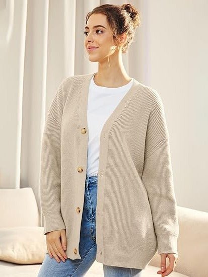 Women's Ribbed V-Neck Cardigan - Beige