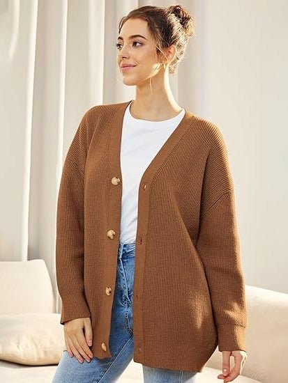 Women's Ribbed V-Neck Cardigan - Coffee