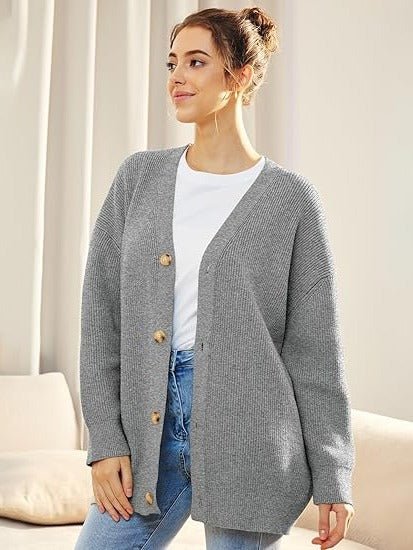Women's Ribbed V-Neck Cardigan - Gray