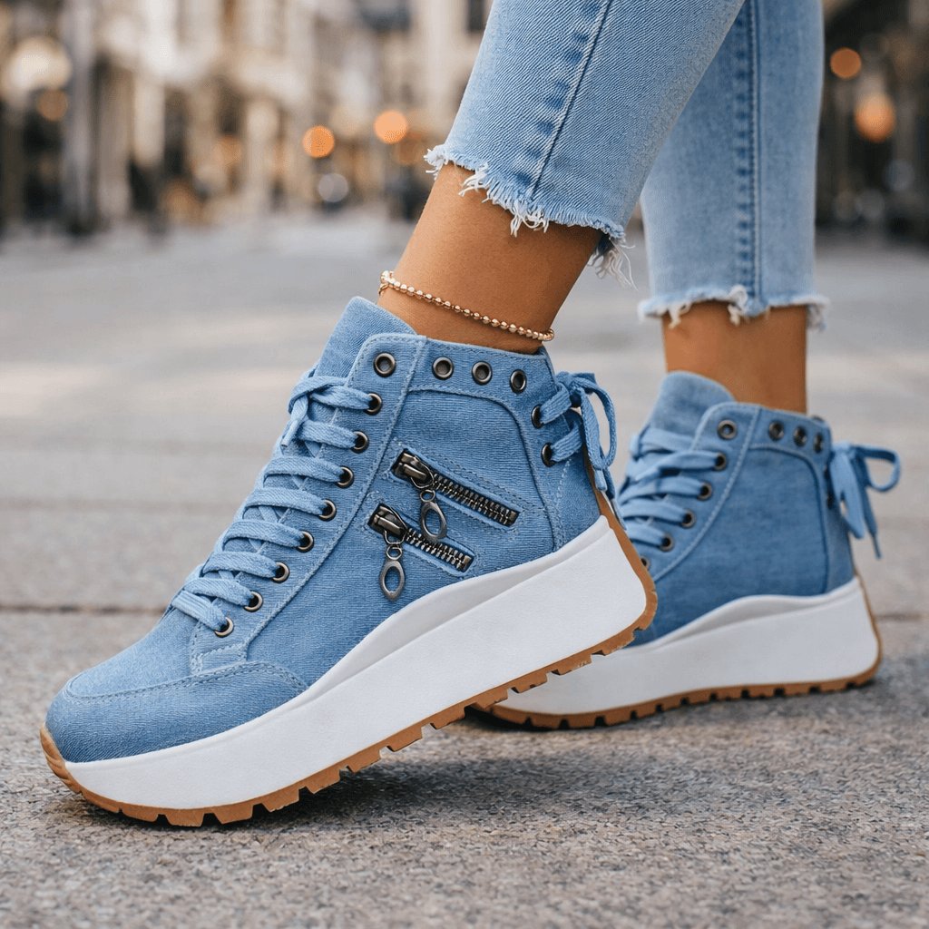 Women's Denim High-Top Platform Sneakers - Blue