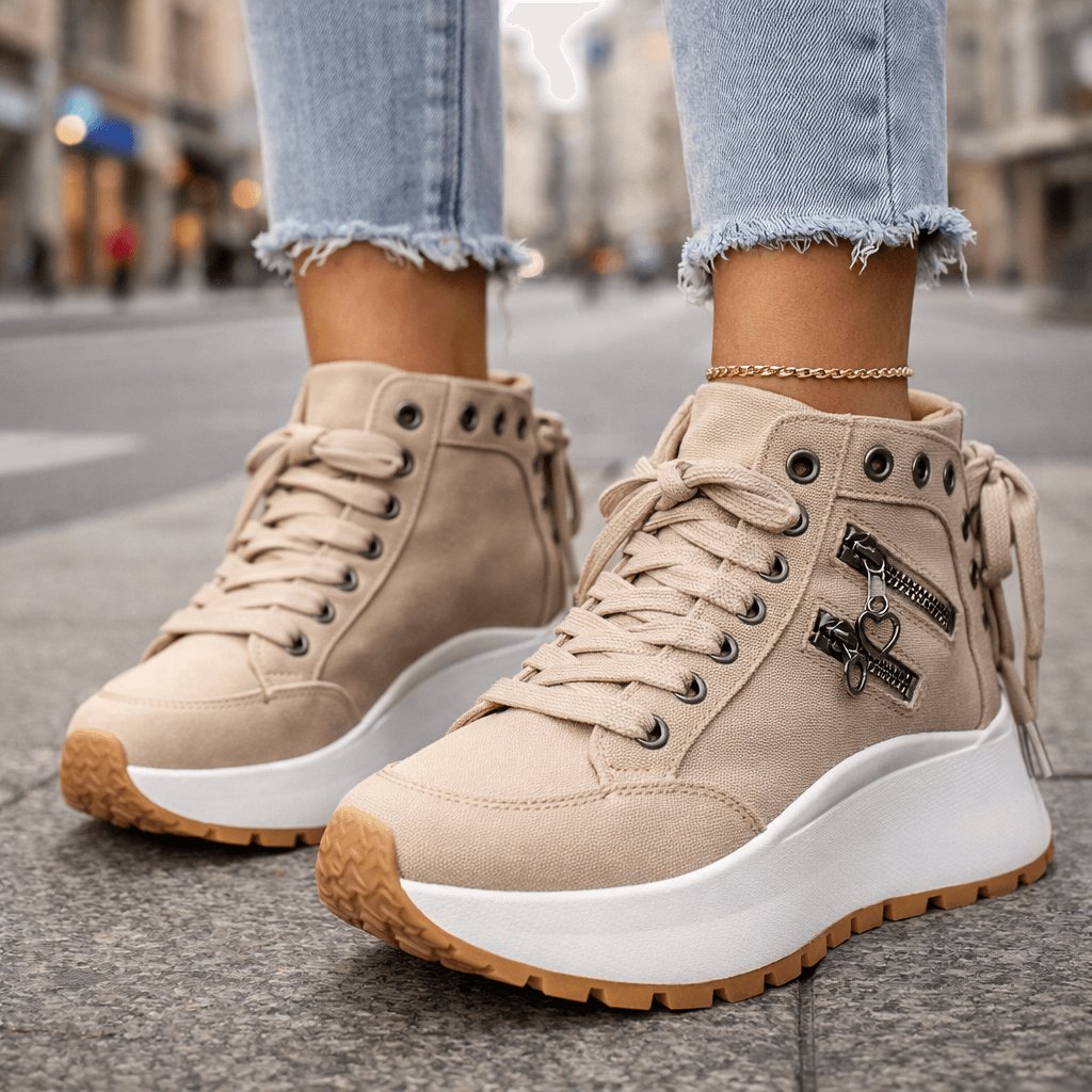 Women's Denim High-Top Platform Sneakers - Khaki