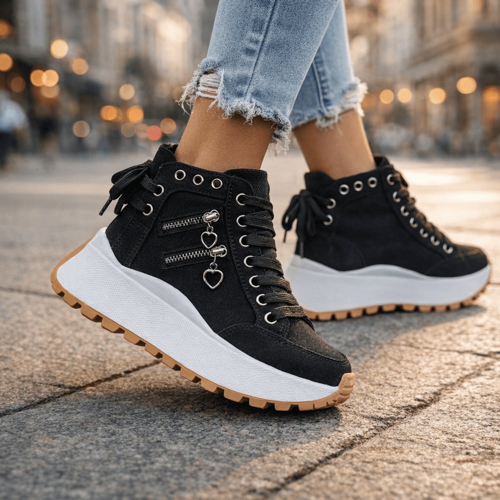 Women's Denim High-Top Platform Sneakers - Black