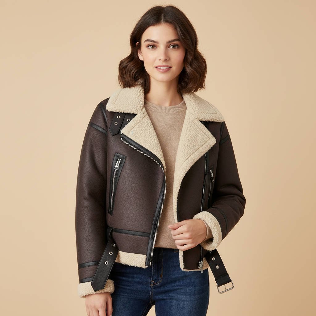 Women's Shearling-Lined Moto Jacket - XS