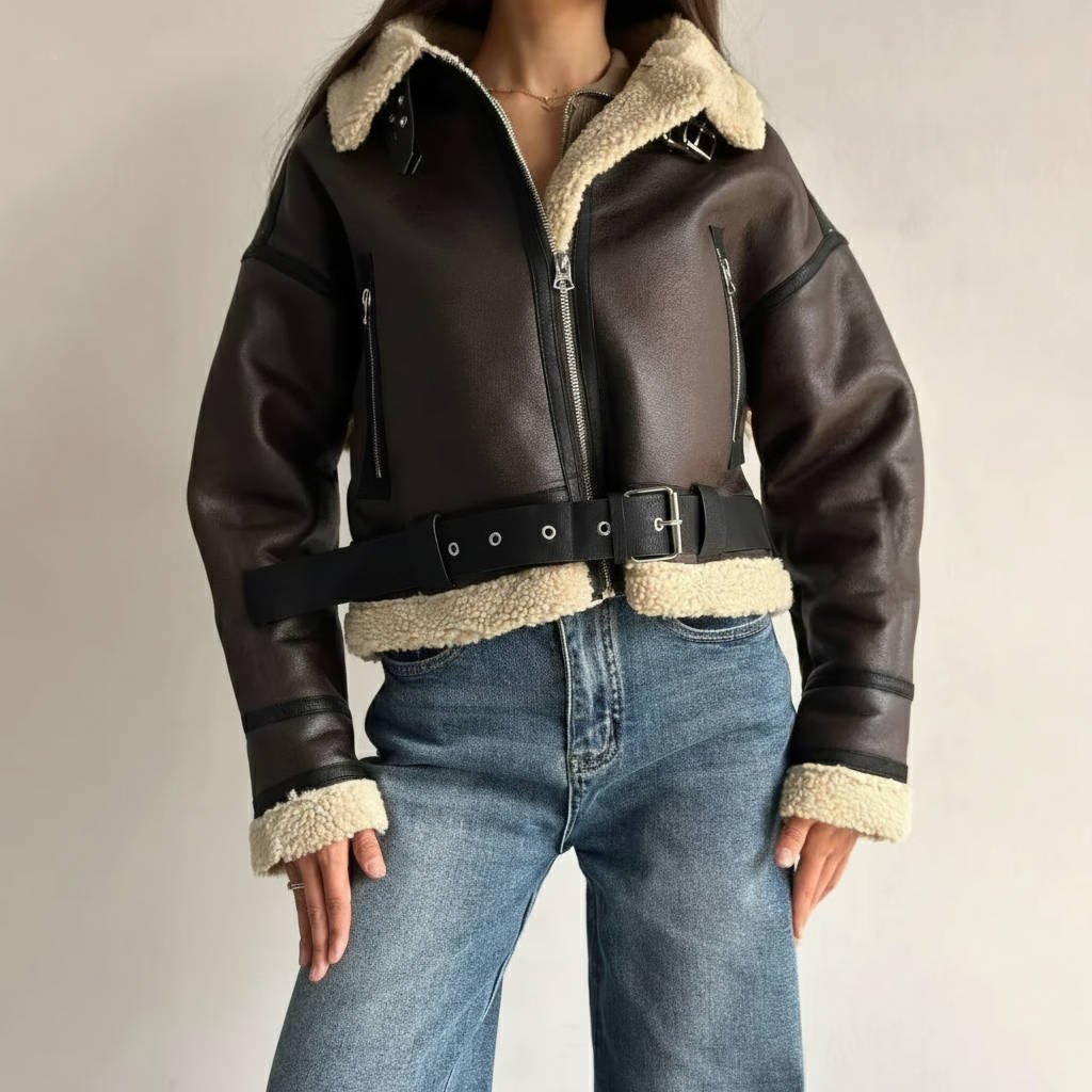 Women's Shearling-Lined Moto Jacket - L