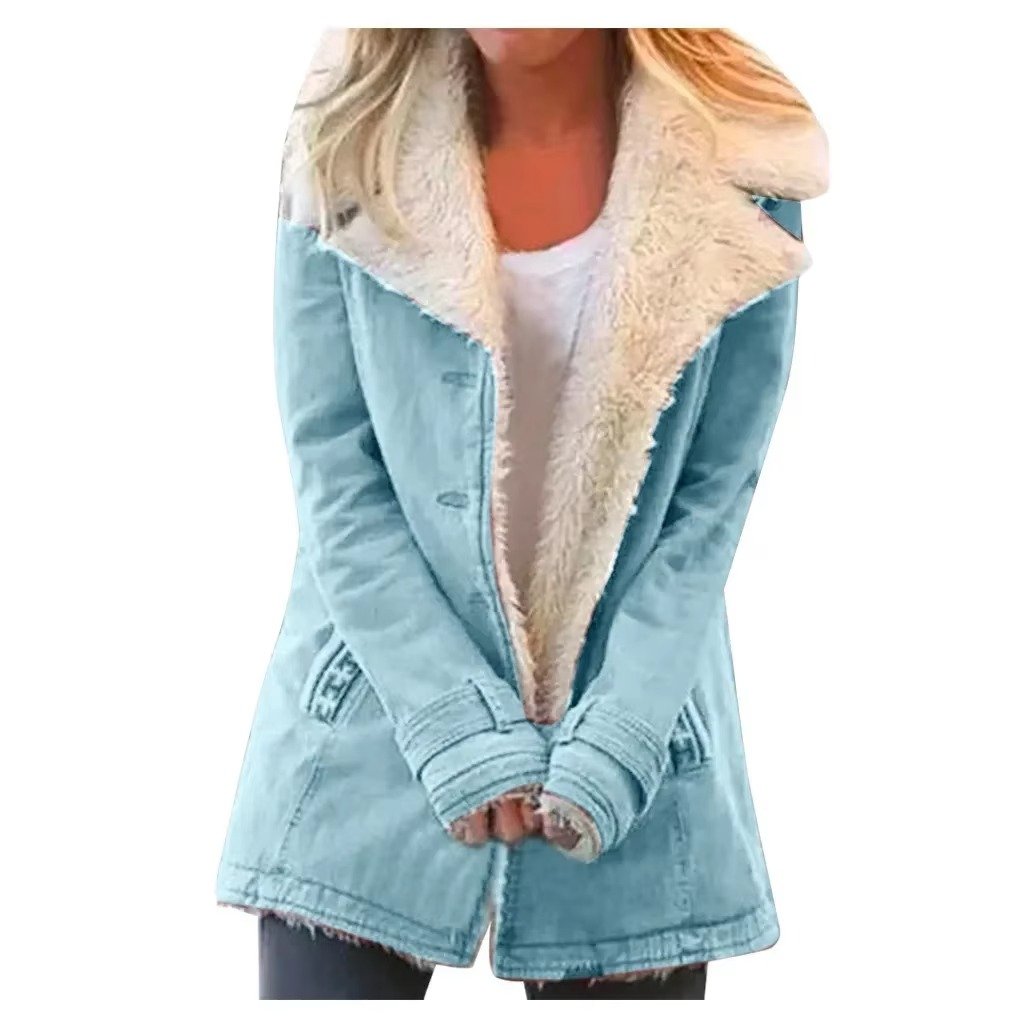 Women's Denim Faux Fur Jacket - Blue