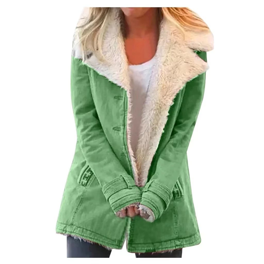 Women's Denim Faux Fur Jacket - Green