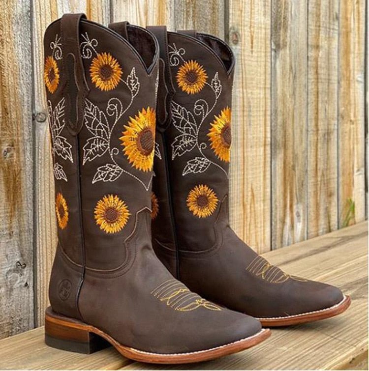 Women's Floral Leather Cowboy Ankle Boots