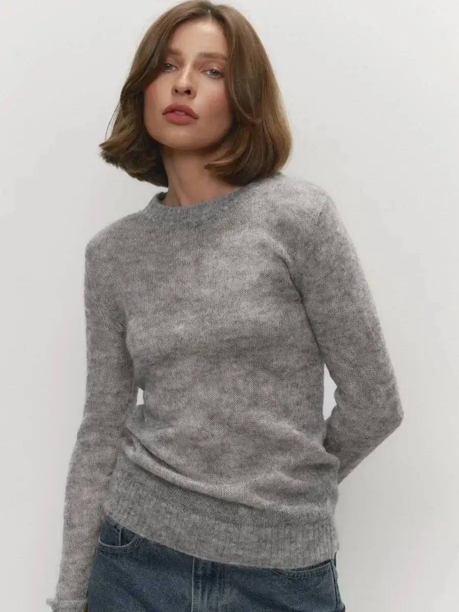Women's Mohair Crewneck Sweater - Light gray