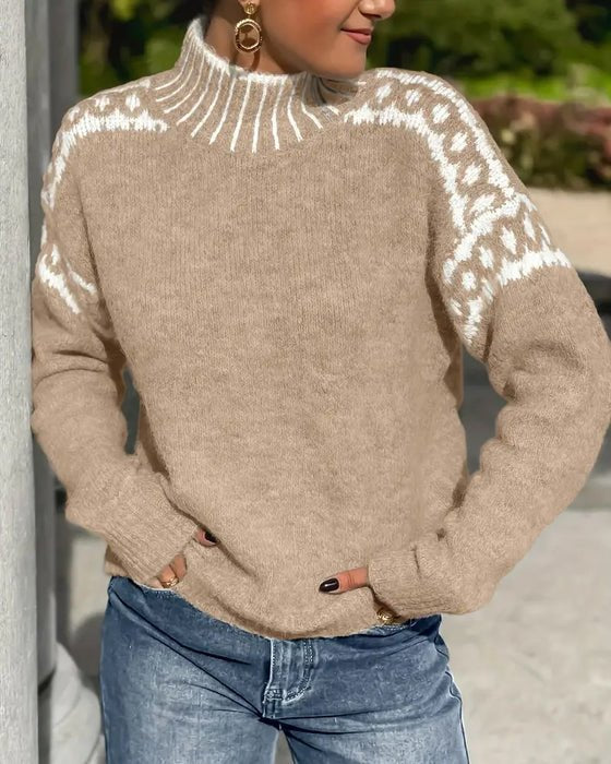 Women's Oversized Leopard Mock Neck Sweater - Khaki