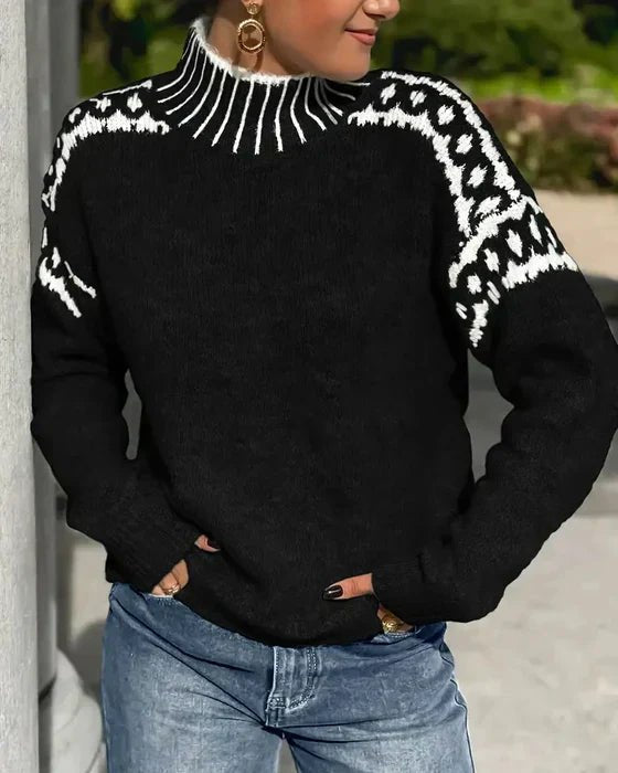 Women's Oversized Leopard Mock Neck Sweater - Black