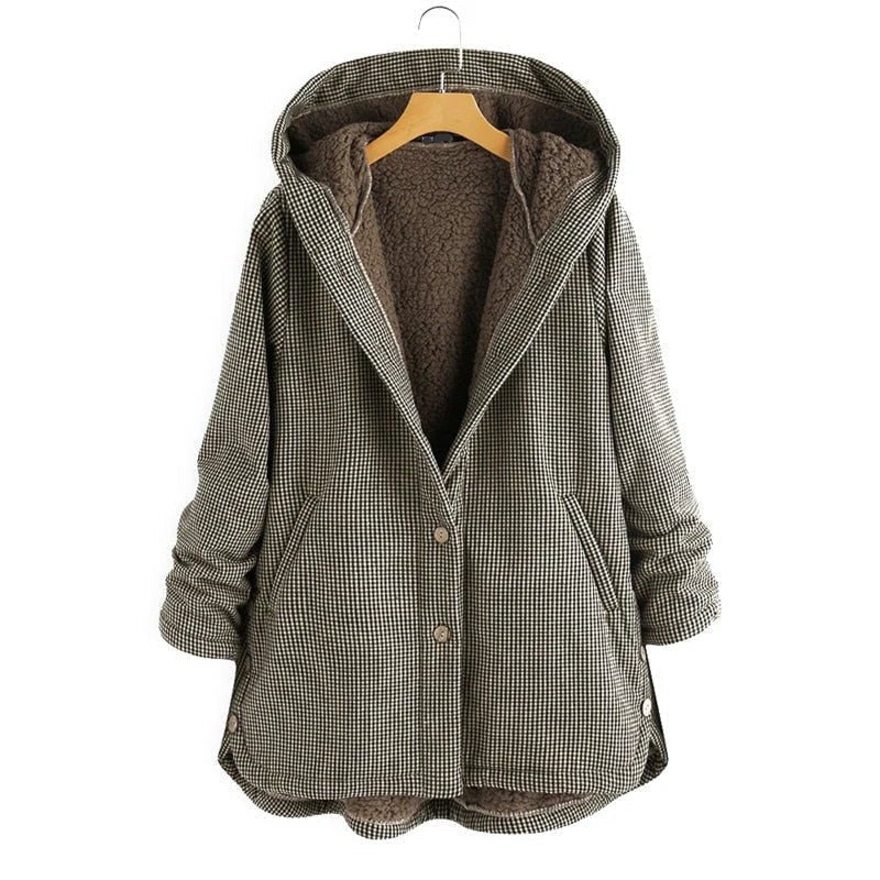 Women's Oversized Plaid Hooded Faux Fur Coat - Brown