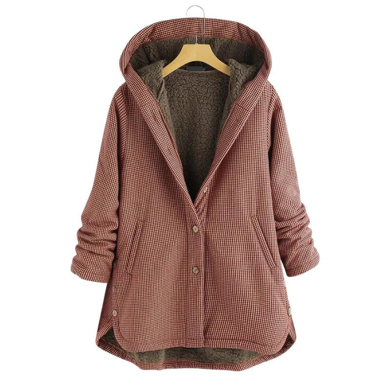 Women's Oversized Plaid Hooded Faux Fur Coat - Red