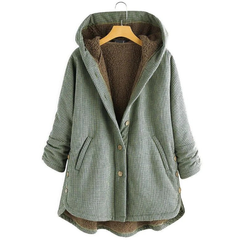 Women's Oversized Plaid Hooded Faux Fur Coat - Green