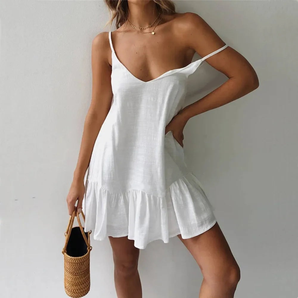 V Neck Ruffle Mini Dress - White