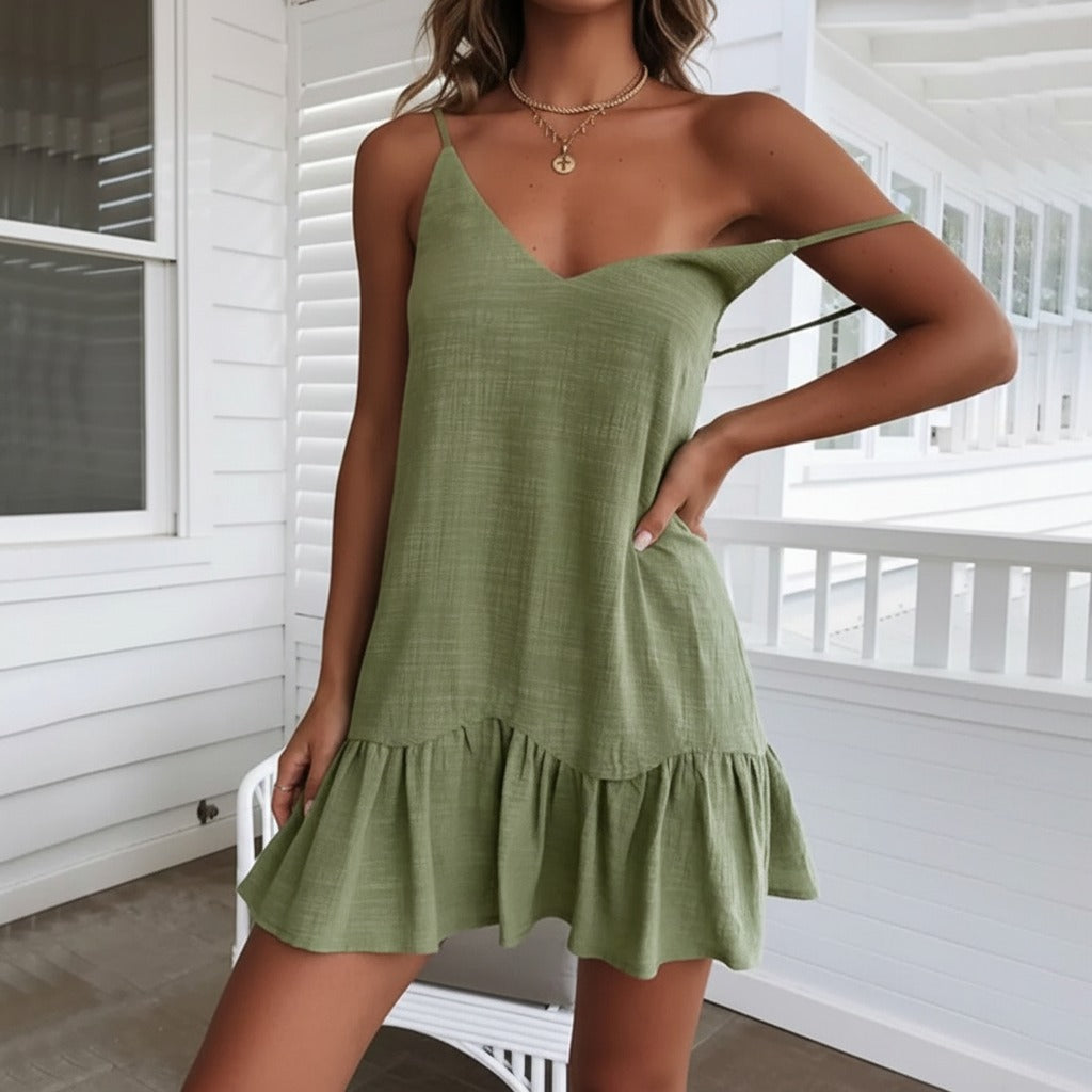 V Neck Ruffle Mini Dress