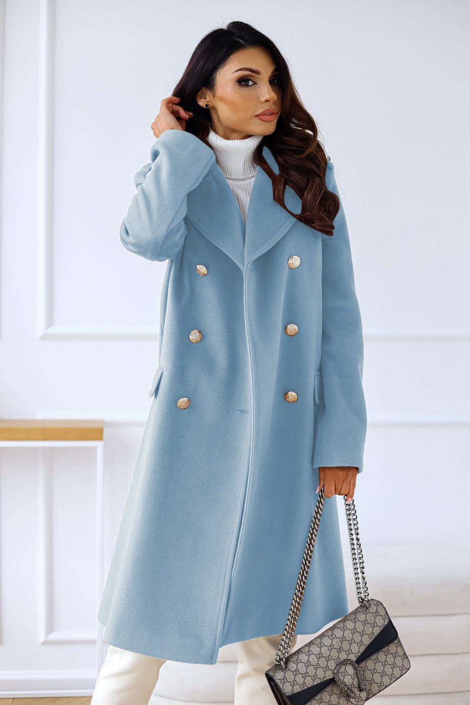 Women's Double-Breasted Wool Coat - Blue