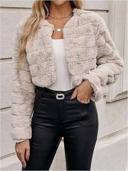 Women's Faux Fur Cropped Jacket - Beige