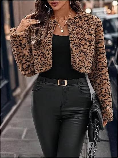 Women's Faux Fur Cropped Jacket - Leopard Print