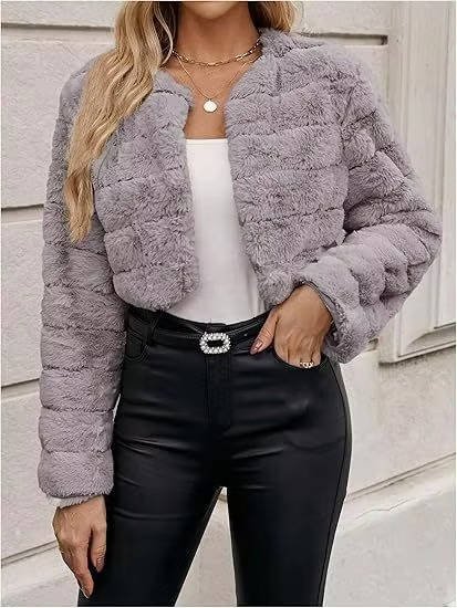 Women's Faux Fur Cropped Jacket - Gray