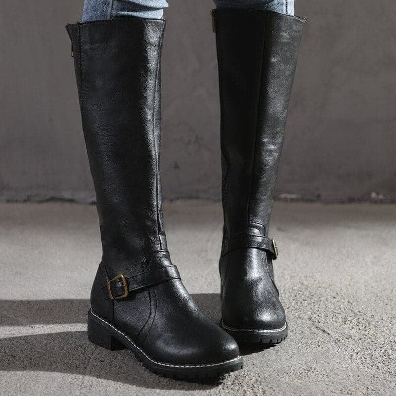 Women's Faux Leather Knee-High Riding Boots - Black