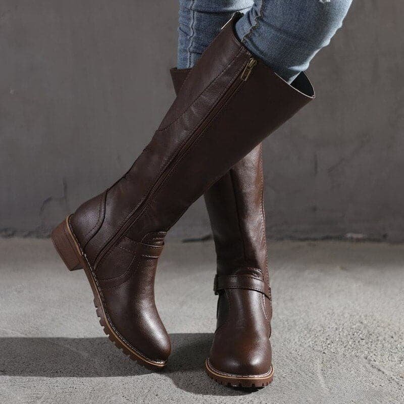 Women's Faux Leather Knee-High Riding Boots - Dark Brown