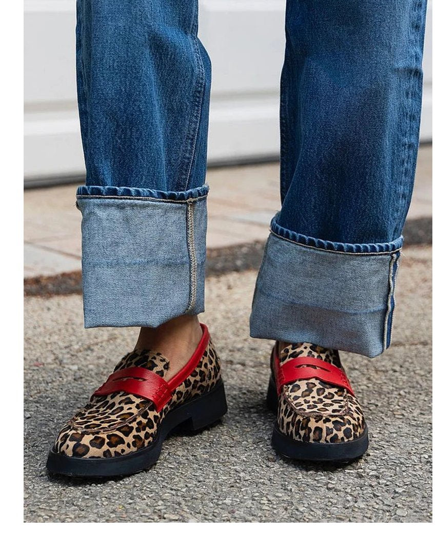 Women's Leopard Leather Penny Loafers - Brown