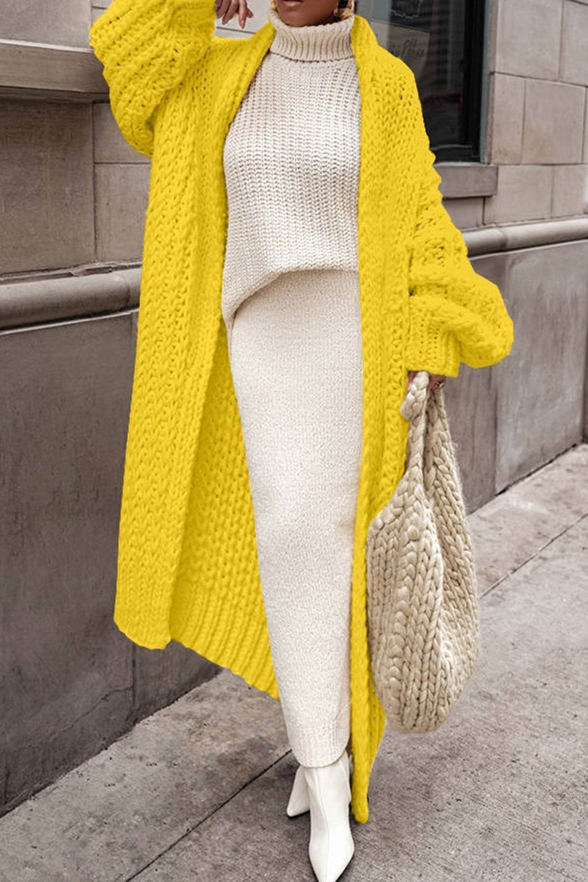 Women's Oversized Maxi Wool Cardigan - Yellow