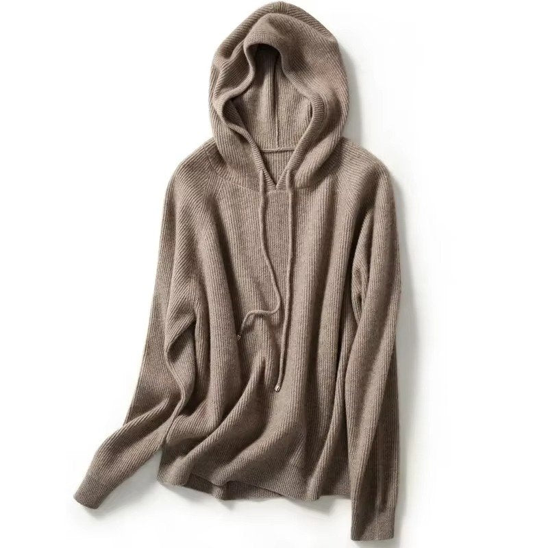 Women's Ribbed Hooded Knit Wool Sweater - Camel