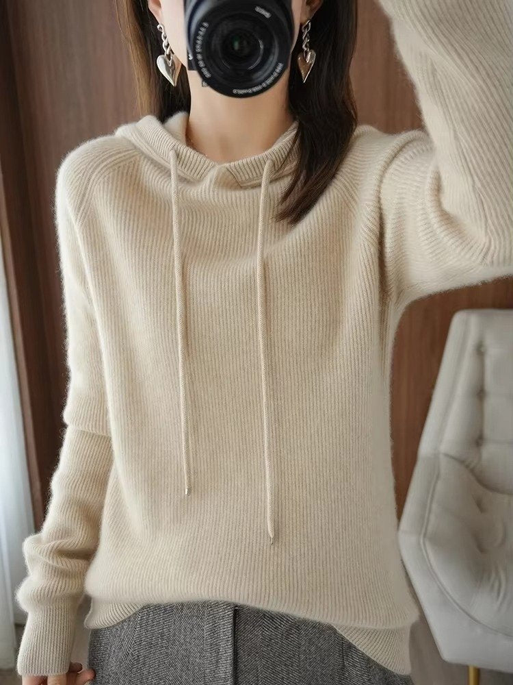 Women's Ribbed Hooded Knit Wool Sweater - Beige