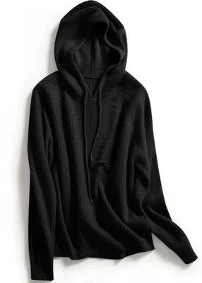 Women's Ribbed Hooded Knit Wool Sweater - Black