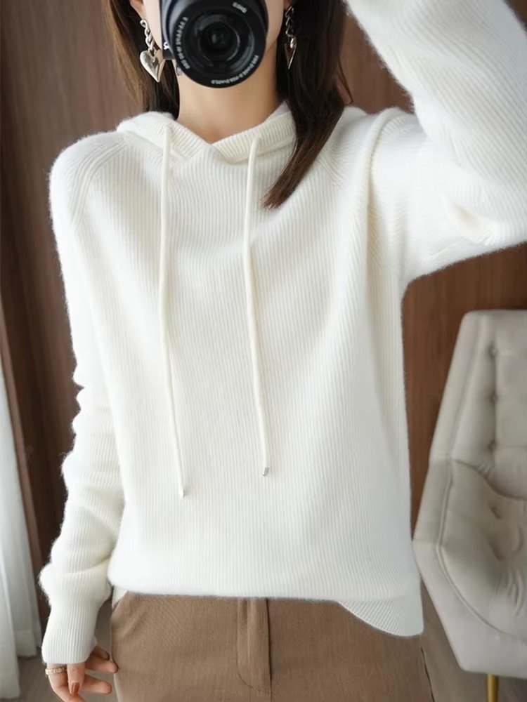 Women's Ribbed Hooded Knit Wool Sweater - White