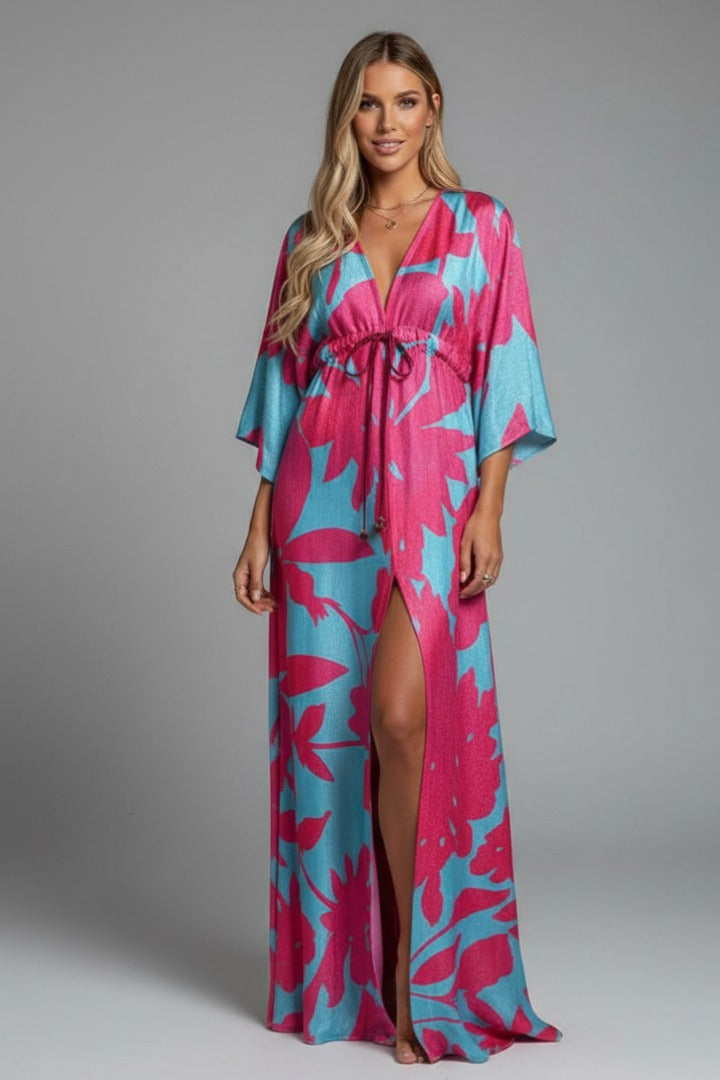 Printed Kimono Maxi Dress - PInk