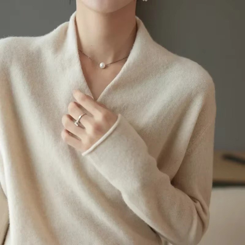 Women's V-Neck Wool Wrap Sweater - Beige