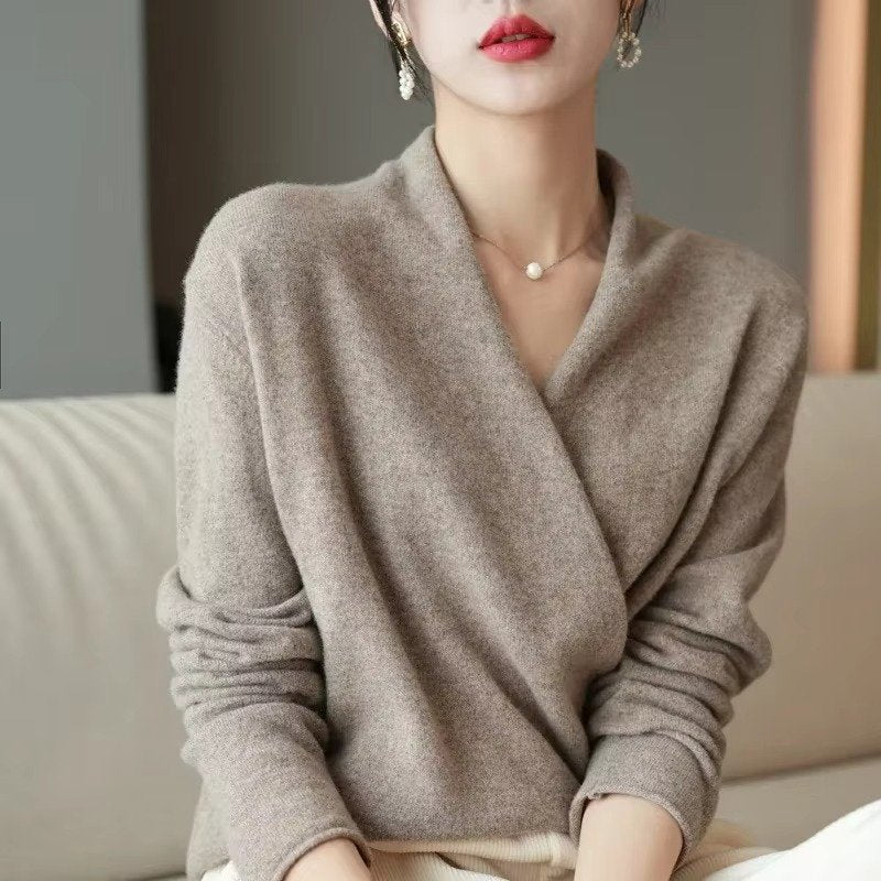 Women's V-Neck Wool Wrap Sweater - Camel