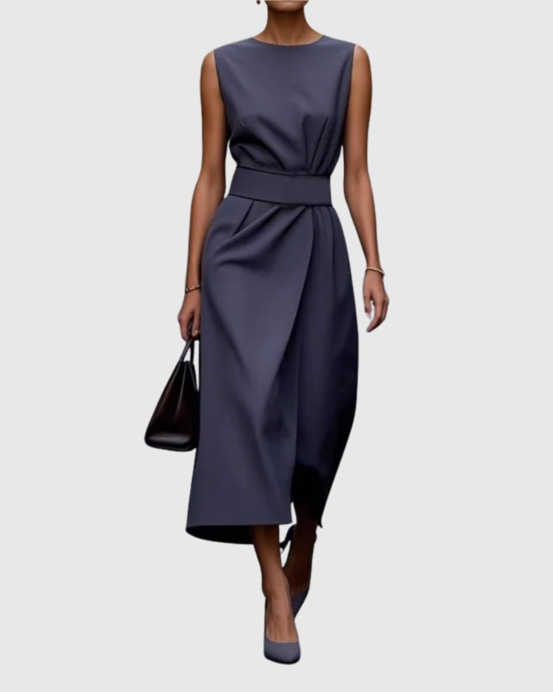 Formal Ruched Midi Dress - Navy Blue