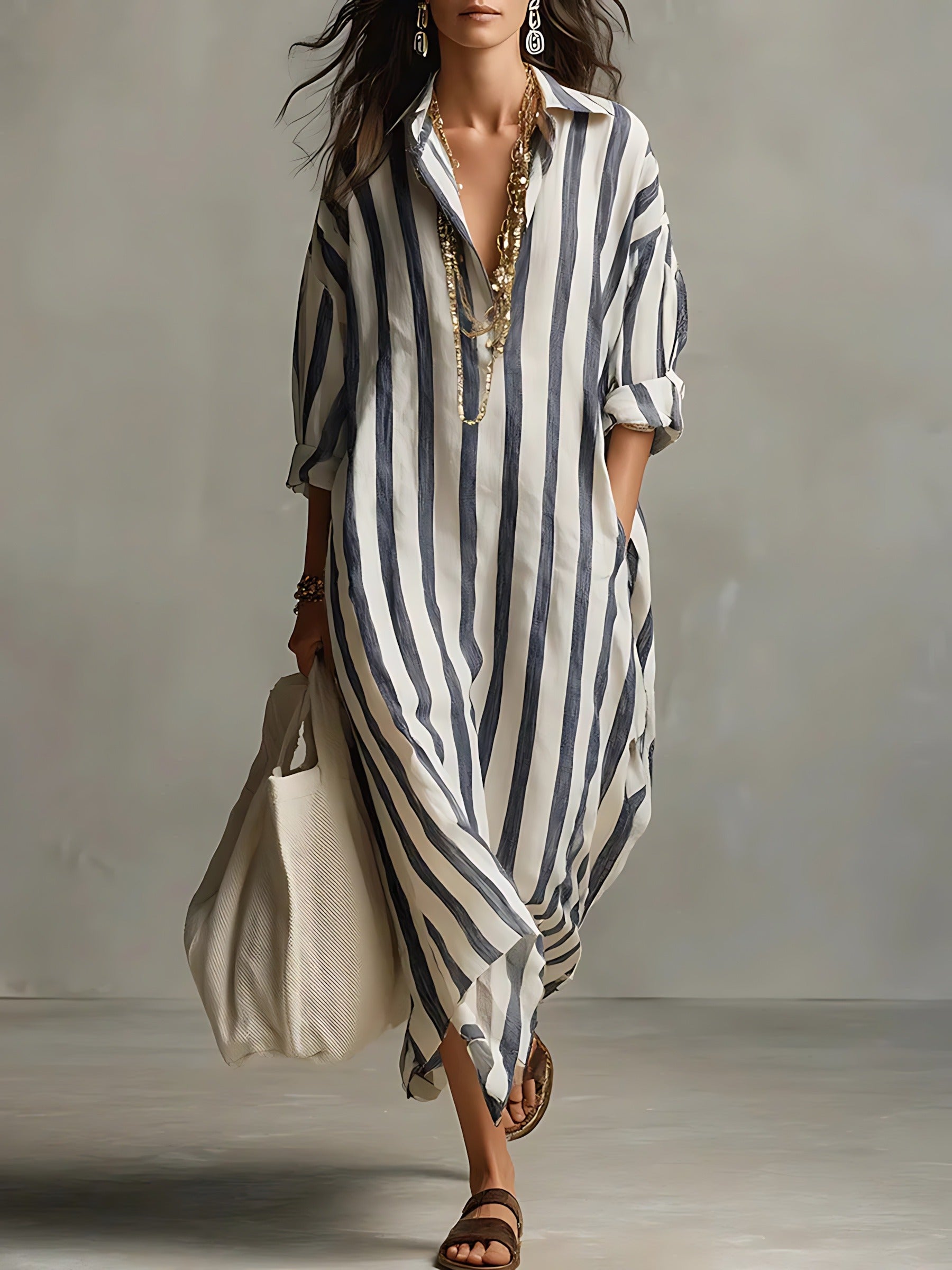 Striped Maxi Shirt Dress - Blue