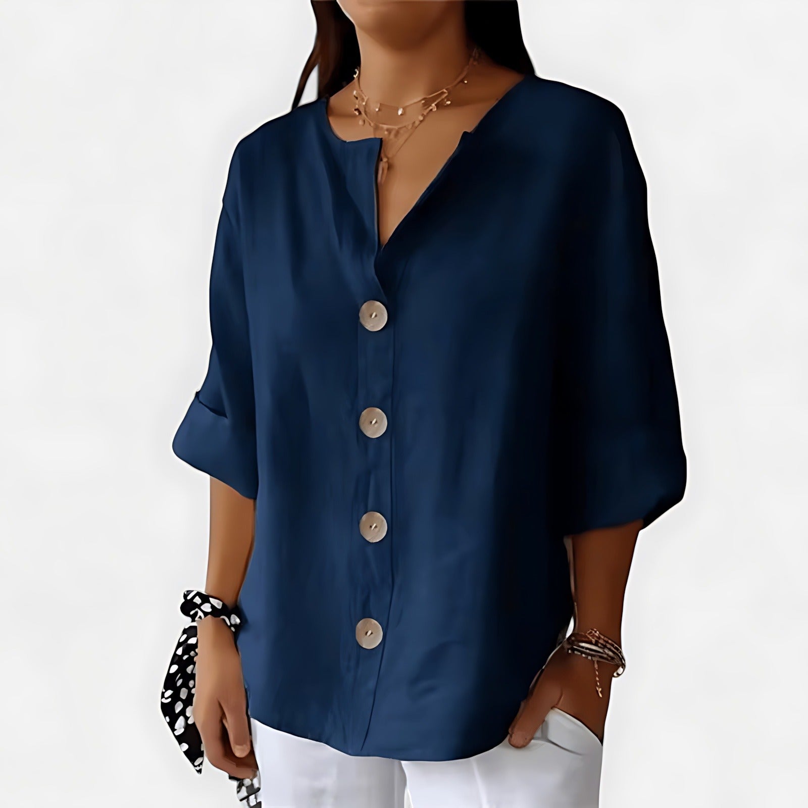 V Neck Long Sleeve Blouse - Navy Blue