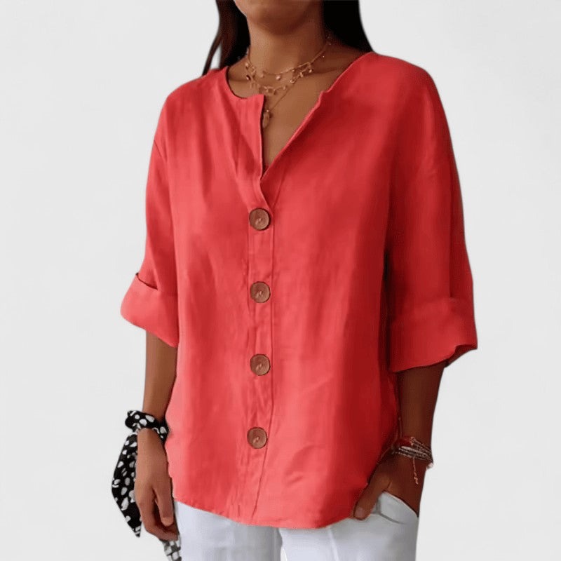 V Neck Long Sleeve Blouse - Red