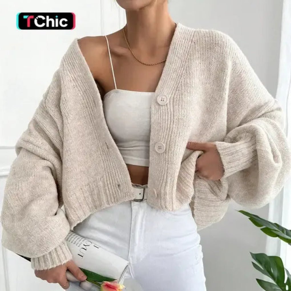 Women's Chunky Knit Cropped Cardigan - Beige