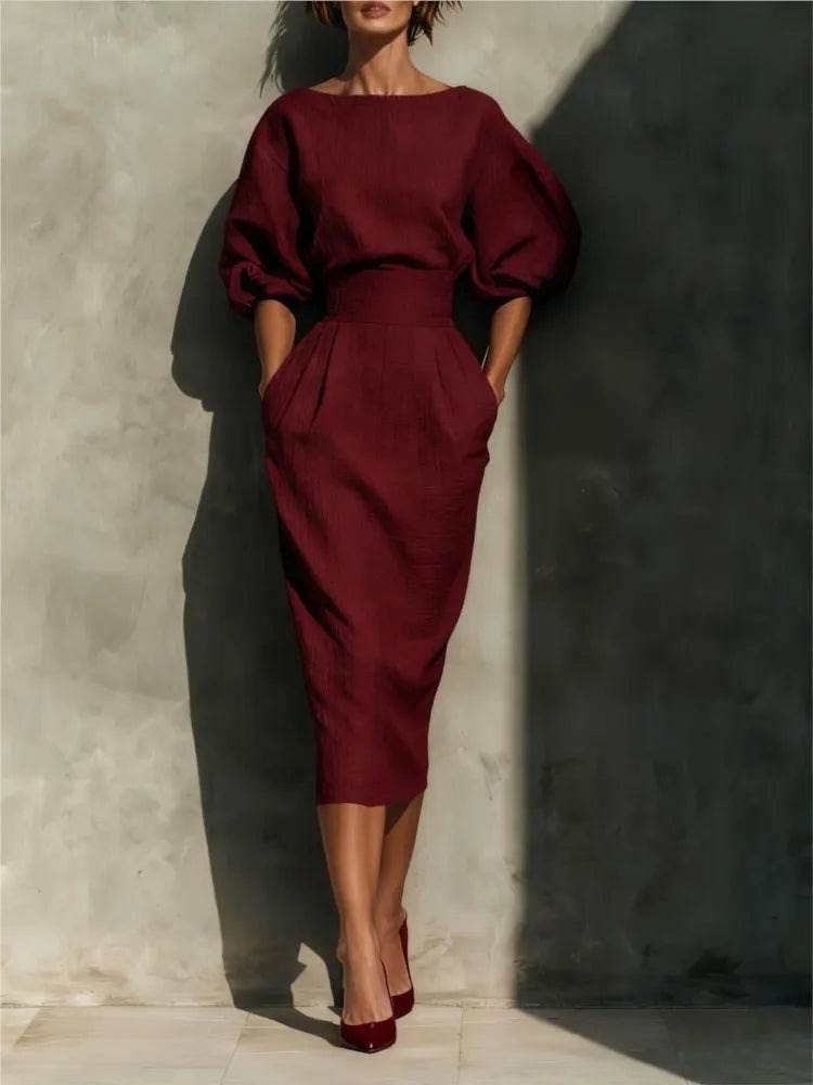Puff Sleeve Midi Dress - Red
