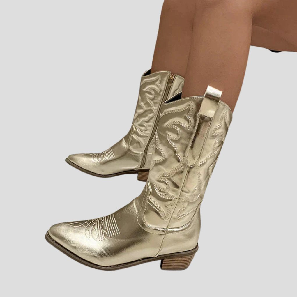 Women's Knee-High Faux Leather Cowboy Boots - Gold