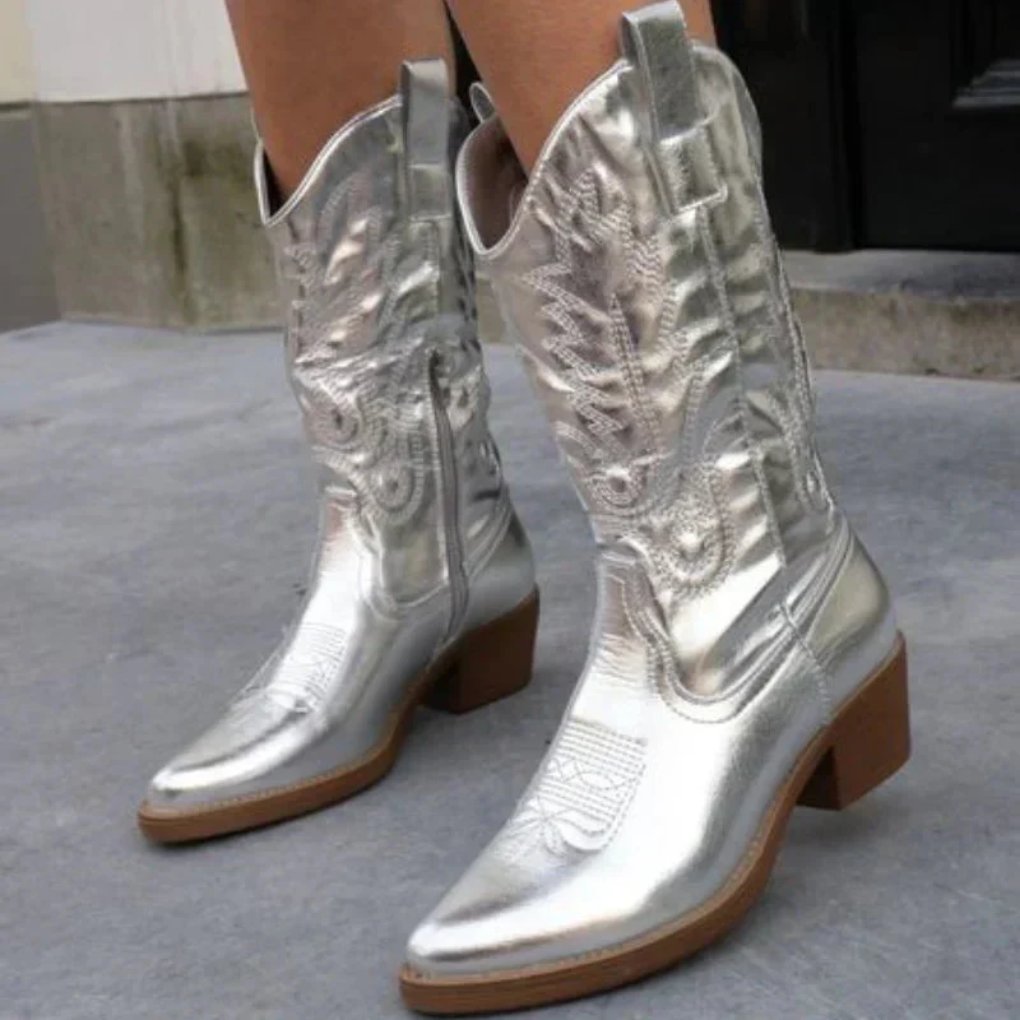 Women's Knee-High Faux Leather Cowboy Boots - Silver