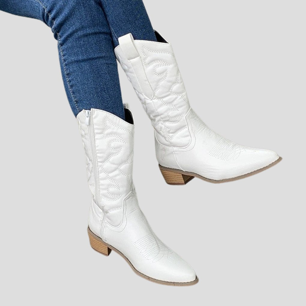 Women's Knee-High Faux Leather Cowboy Boots - White