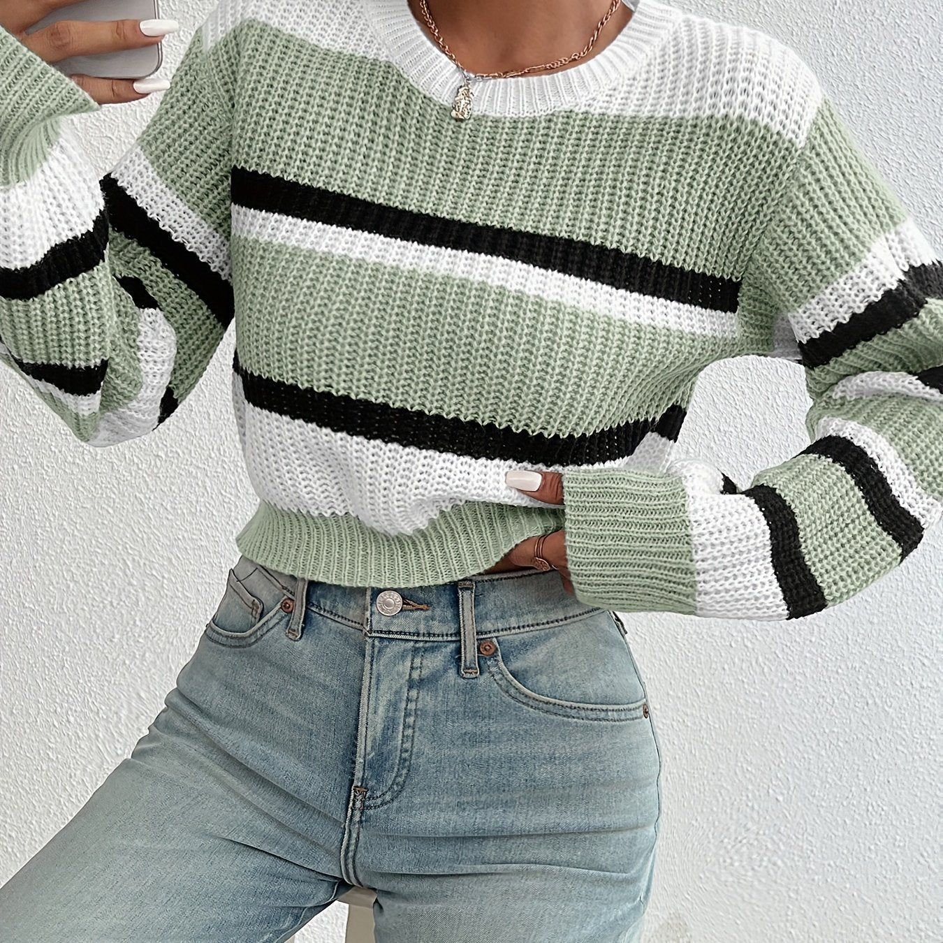 Women's Striped Cropped Sweater - Yellow-green