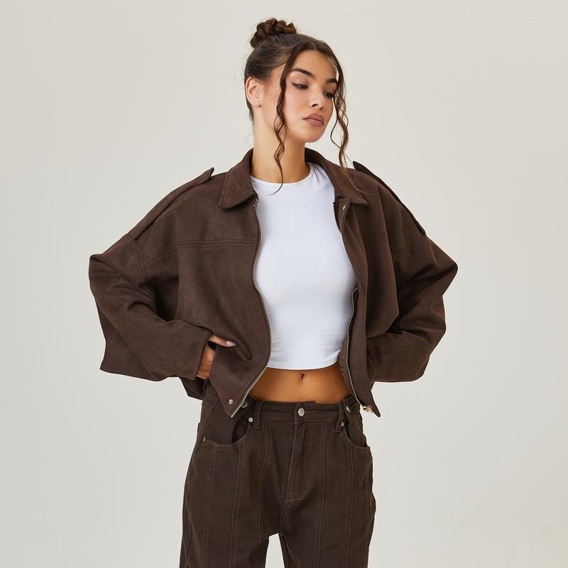 Women's Suede Cropped Jacket - Brown