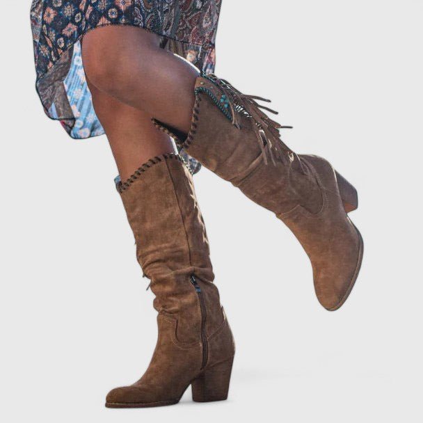Women's Suede Western Fringe Knee-High Boots
