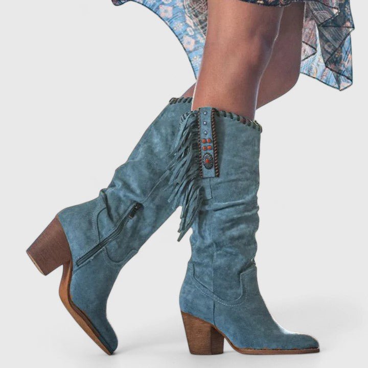 Women's Suede Western Fringe Knee-High Boots - Blue